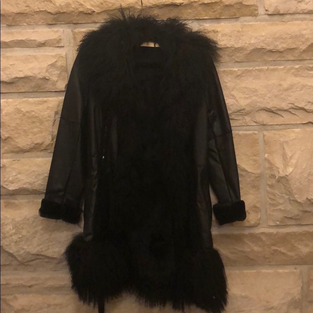 Kathy Ireland Black Leather and Fur Trench